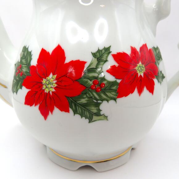 Lefton Christmas Teapot 1987 Poinsettia Holly Gold Trim Holiday Serveware Japan - Picture 2 of 16